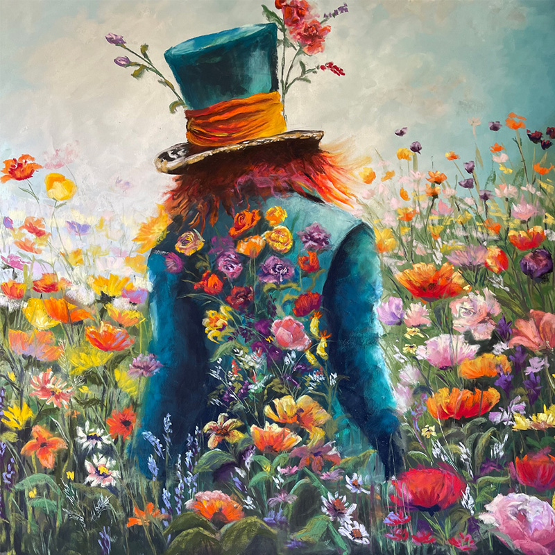 Mad Hatter in flower field } original pastel art